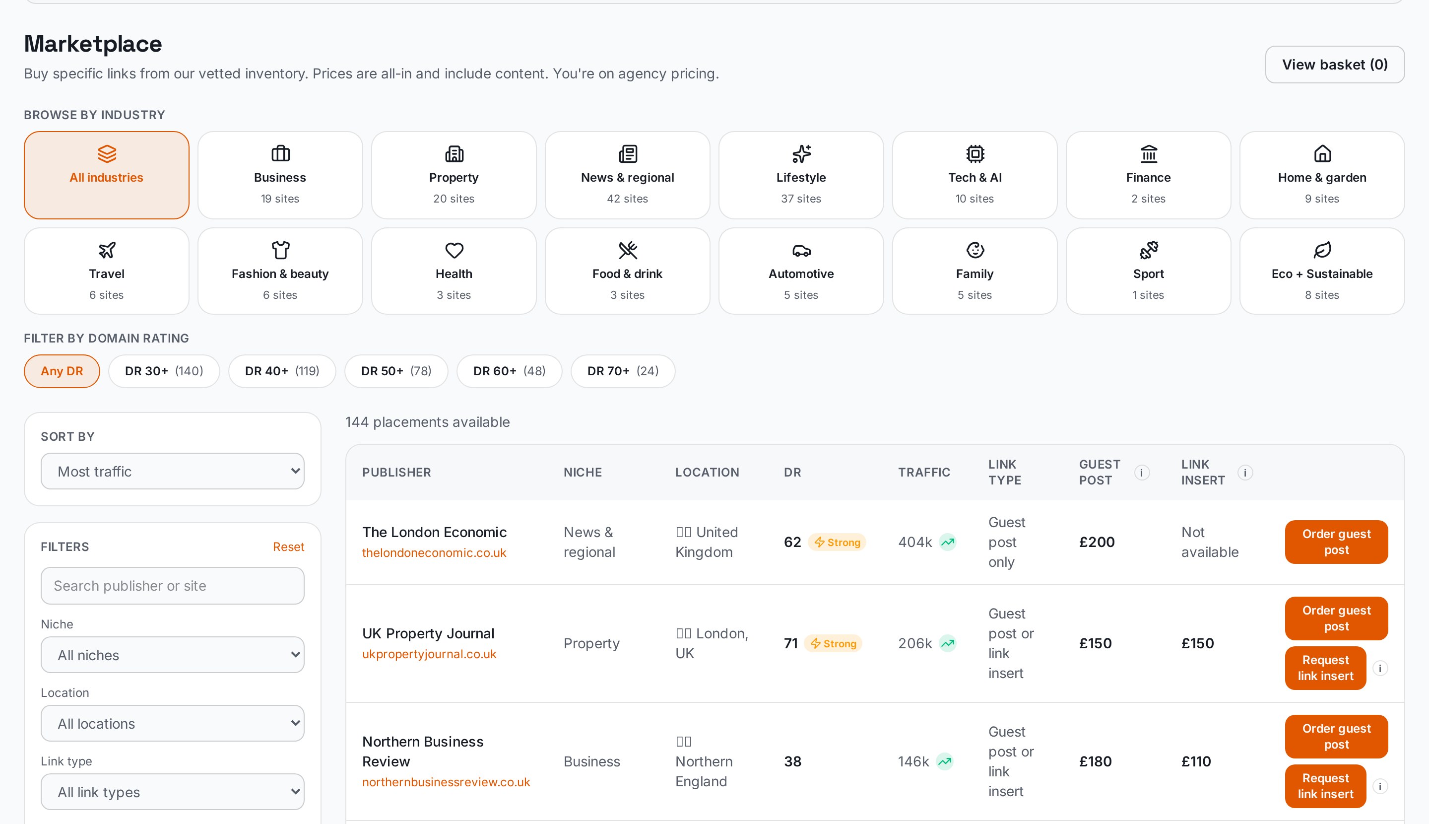 Appear Online marketplace showing vetted publishers with DR, traffic and pricing